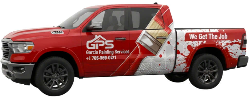 Red truck with painting service branding